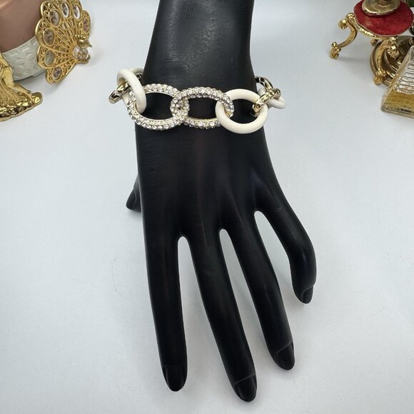 Brighton Gold-tone White Enamel Rhinestone Large Link Chain Bracelet Adjustable - Picture 3 of 9